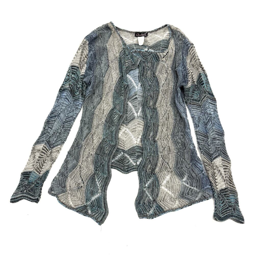 Vtg Y2K Crochet Cardigan Small Blue Gray Teal Fairy Grunge Witchy Long Sleeve